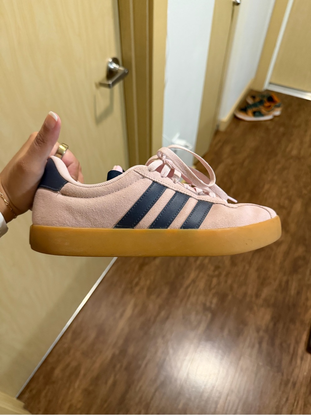 adidas women’s Pink Suede Sneakers with Navy Stripes and Gum Sole